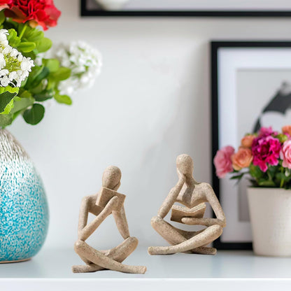 Reading Thinker Statue, Sculptures Abstract Art Ornament, Modern Aesthetic Figurine Decoration Set of 2 Status for Home Living Room Bedroom Office Shelf Table Desk Bookshelf Decor (Sandstone)