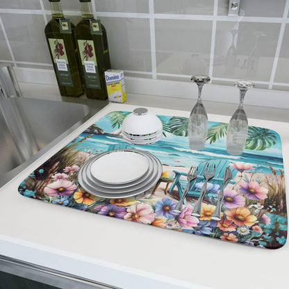 Spring Summer Sea Chair Dish Drying Mat for Kitchen Counter,Coastal Beach Palm Leaf Flowers Drying Mat 18 x 24 Inch with Absorbent Reversible Microfiber Drying Pad for Coffee Bar