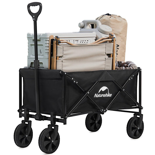 Naturehike Collapsible Wagon, 300LBS Capacity, Black Iron Steel Frame, Adjustable Aluminum Handle, All-Terrain Swivel Wheels, Garden Cart, Utility Wagon