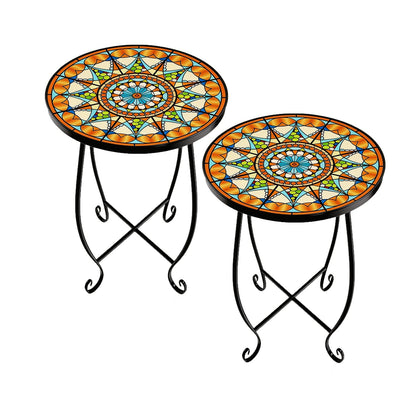 Kaesithar Set of 2 Mosaic Outdoor Side Tables Round, 15 Inch Height - Small Patio Table Set, Foldable Sun Pattern Metal Plant Stands for Garden, Balcony & Yard (Mosaic Sun, 2 Pack)
