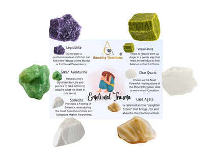 Amazing Gemstone Crystals for Emotional Trauma Manifestation, Set of 6 Lepidolite, Green Aventurine, Scolecite, Vesuvianite, Lace Agate and Clear Quartz Healing Crystals and Stones