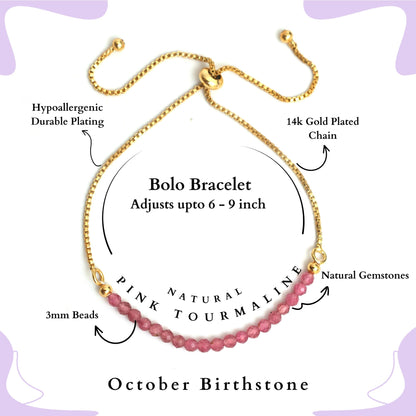 Gempires Birthstone Bracelet, Pink Tourmaline Beaded Bracelet, October Birthstone Jewelry, Bolo Beads Bracelet, Gift for Her, 14k Gold Plated Chain (6-9 inch Adjustable Length)
