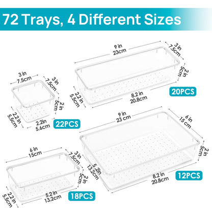 Vtopmart 72 PCS Clear Plastic Drawer Organizers Set, 4-Size Versatile Bathroom and Vanity Organizer Trays, Non-Slip Storage Containers for Makeup, Jewelries, Bedroom，Kitchen Utensils and Office