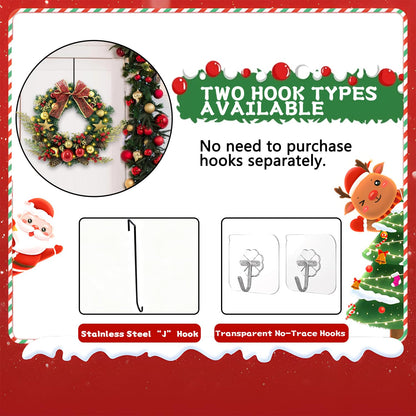 TXRXIZ 16 Inch Pre-Lit Christmas Door Wreath with Timer & Hanger & 50LED Warm Lights, Decor with Bow & Golden Ball & Star ect., Artificial Christmas Wreath for Door & Window & Fireplace