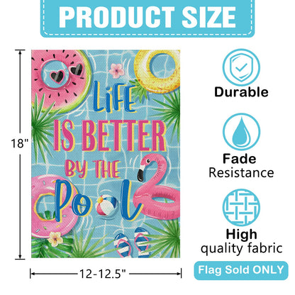 Dyrenson Summer Life is Better by The Pool Decorative Garden Flag, Flamingo Swim Rings Tropical Palm Leaves Yard Outside Home Decoration, Flip Flops Ball Outdoor Small Decor Double Sided 12 x 18