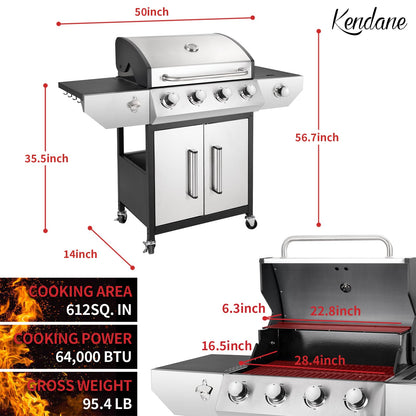Kendane 4-Burner Propane Gas BBQ Grill with Side Burner, Barbecue Gas Grill with Enameled Cast Iron Grates for Outdoor Patio Garden Barbecue, 53,000 BTU, Stainless Steel Grill Cover included