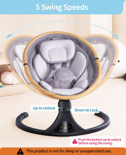 LAREX Baby Swing to Toddler Electric Infant Swing Portable for Newborn Boy Girl, 5 Sway Speeds with Remote Control, 12 Preset Melodies and Bluetooth, 0-6 Months Max 20 Lbs (Light Wood Grain)