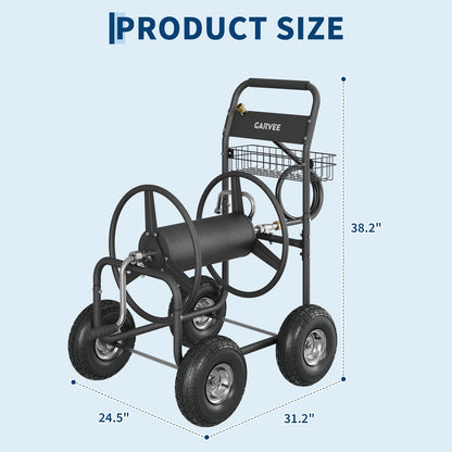 Garvee Garden Hose Reel Cart with Wheels, Hold Up to 300 ft of 5/8’’ Hose, Heavy Duty Water Hose Reel with Storage Basket, 4 Large Pneumatic Tires, Mobile Outdoor Hose Storage for Garden, Yard, Farm