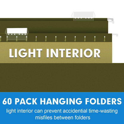 Hanging File Folders, RAZCC 60 Pack Reinforced Hanging Folders Letter Size, Designed for Bulky Files, Filing Cabinet, Adjustable Tabs, Green