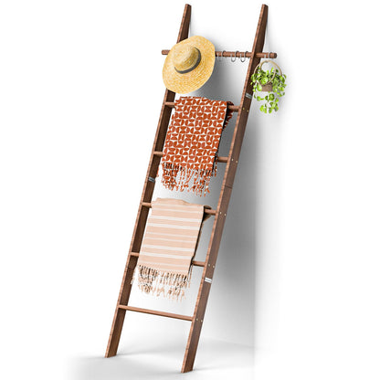 chilinii Farmhouse Wooden Blanket Ladder with Removable Hooks, 6-Tier Rustic Blanket Rack Decorative Stand, Leaning Towel Quilt Rack Holder for Bathroom Living Room Decor Brown