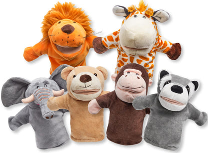 JOYIN 6Pcs Kids Hand Puppet Set with Working Mouth, Toddler Plush Toy Includes Elephant, Giraffe, Lion, Bear, Raccoon and Monkey for Show Theater, Easter Birthday Gifts for Kid