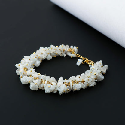 CRYSTALINES Natural White Moonstone Gemstones Cluster Bracelet, Handmade Bohemian Jewelry, Chips Nuggets Beads Stones, Healing Crystals, 14K Gold Plated Chain, Christmas Gift for Women, 8inch