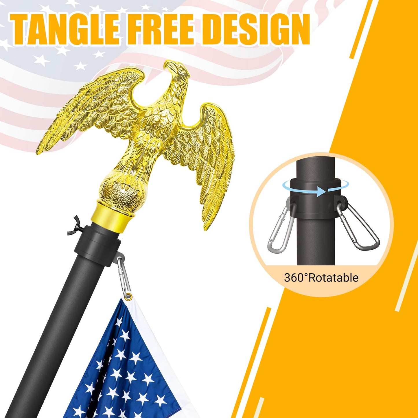 Wphold Indoor Flag Pole and Stand with 3x5 Ft American Flag & Golden Eagle Topper – 8FT Heavy Duty Flagpole Kit with Tangle-Free Rotatable Hooks & Stable Round Base for Office, Classroom, Home Decor