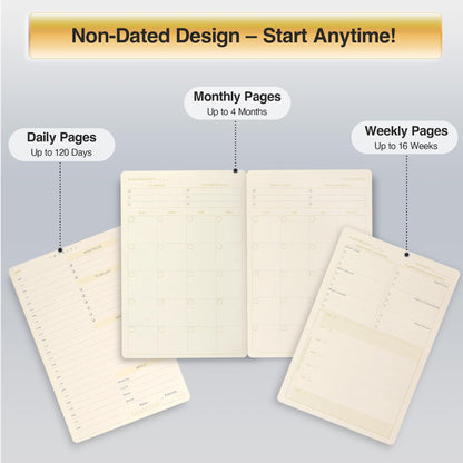 AuroPlanner Bamboo Cover Undated Portable Planner Notebook – Daily, Weekly & Monthly Organizer, Lay-Flat A5 (5.7” × 8.3”), 100 GSM Paper, 160 Pages, 4-Month Layout (Blue)