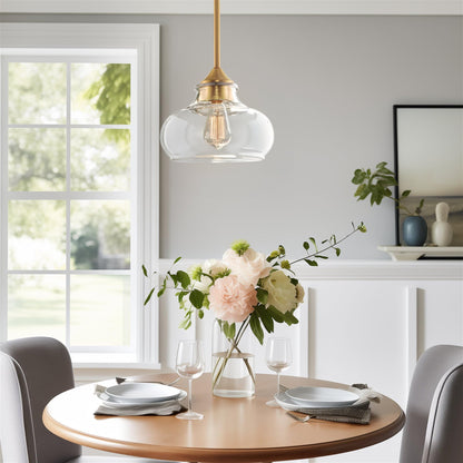 Kira Home Harlow 9" Modern Schoolhouse Pendant Light with Clear Glass Shade, Industrial Farmhouse Hanging Light with Schoolhouse Glass, Warm Brass Finish