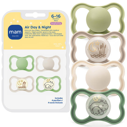 MAM Air Pacifier for Babies 6-16 Months, Extra Air Flow for Sensitive Skin, Glows in The Dark, Developed with Medical Experts, BPA-Free Skin Soft Silicone, 4 Count, Made in Europe