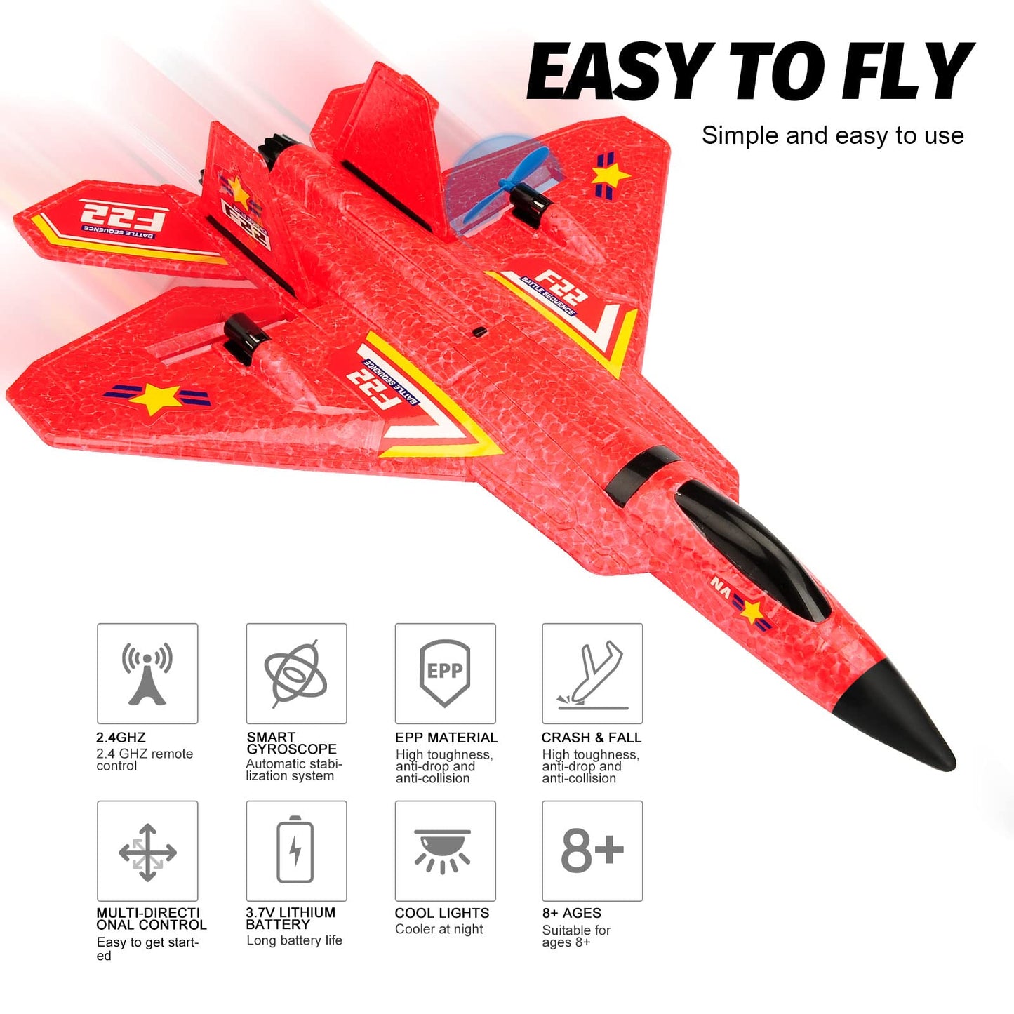 RoofWorld RC Plane, F22 RC Airplane Fighter Ready to Fly, 2.4Ghz 2 Channel Remote Control Plane, RC Airplanes Toy for Boys Girls Kids Beginners
