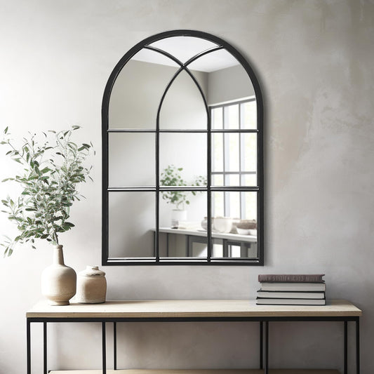 Dewfig Arched Window Wall Mirror, 30"x20" Window Pane Mirrors, Vanity Mirrors for Bathroom, Bedroom, Entryway, Living Room, Farmhouse Mirrors for Wall Decor, Metal Frame, Black