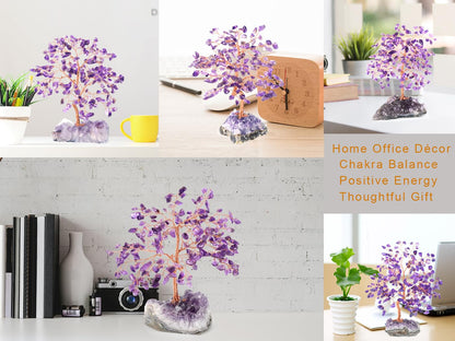 MASGEMES Handmade Chakra Gemstone Crystal Tree of Life,Natural Amethyst with Amethyst Cluster Base,Bonsai Feng Shui Decor Money Tree,Healing Crystals Positive Energy Gift Size 5.5"-6.3"