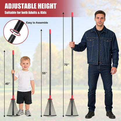 Garden Rake for Leaves: 55 Inch Adjustable Long Handle 18 Metal Tines with 8-17" Expandable Head Heavy Duty Metal Rake for Lawns Leaves Yard Grass Camping Debris