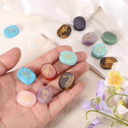 MECCANIXITY 4Pcs Engraved Chakra Stones with Reiki Symbols, Opalite Reiki Healing Crystal Gemstone 7 Chakra Crystal Stones Tumbled Palm Stone for Anxiety Relieve