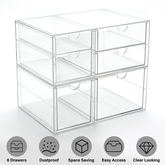 Prsildan Acrylic Drawer Makeup Organizer with 6 Drawers (Not for Baby Bottle), Set of 2 Office Desk Organizers Accessories, Clear Stackable Storage Drawers for Vanity, Craft (Largest Drawer 4" Tall)