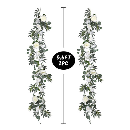 DearHouse 2Pcs Artificial Peony Flower Garland and - Silk Peony Garland with Flowers and Eucalyptus for Wedding Party Table Decoration,6ft/Strand (White)