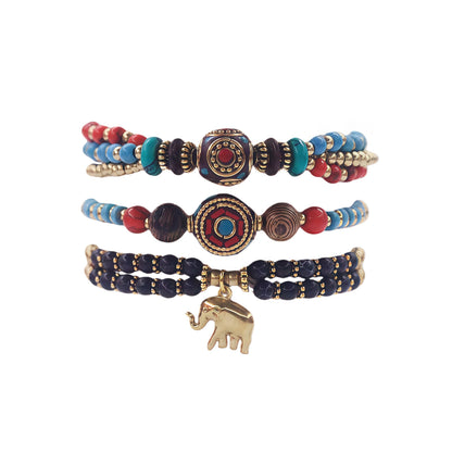 Petite Adjustable Boho Bracelet for Small Wrists - Handmade Nepalese Buddhist Prayer Bracelet with Elephant Charm, Brass Bell, Turquoise Stone & Tibetan Mantra Beads, Spiritual Gift (Black, 3Pcs)