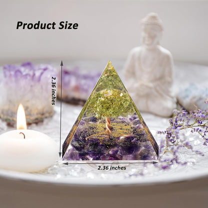 EternalOrgone Tree of Life Orgone Pyramid for Positive Energy, Orgonite Peridot&Amethyst Healing Crystal Pyramids for Reduce Stress Chakra Reiki Healing Meditation Attracts Lucky and Success