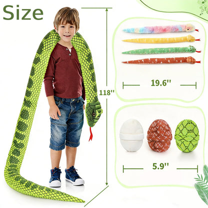 MaoGoLan 118 inch Giant Green Stuffed Snake, Realistic Mommy Snake with 4 Babies & 3 Eggs Plush Toy, Large Green Boa Constrictor Stuffed Animal for Boys Girls Kids Christmas Easter Gift