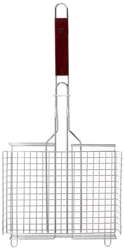 Outset Rosewood Handle Grill Basket, Fish and Vegetable Grill Basket, Chrome