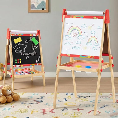 DUMOS Kids Easel Set with Paper Roll, Adjustable Height Double-Sided Magnetic Chalkboard & Whiteboard Art Station for Ages 3+, Dry Erase Board, Gift for Girls and Boys, Red
