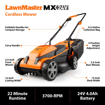LawnMaster 20VMWGT 24V Max 13-inch Lawn Mower and Grass Trimmer 10-inch Combo with 2x4.0Ah Batteries and Charger