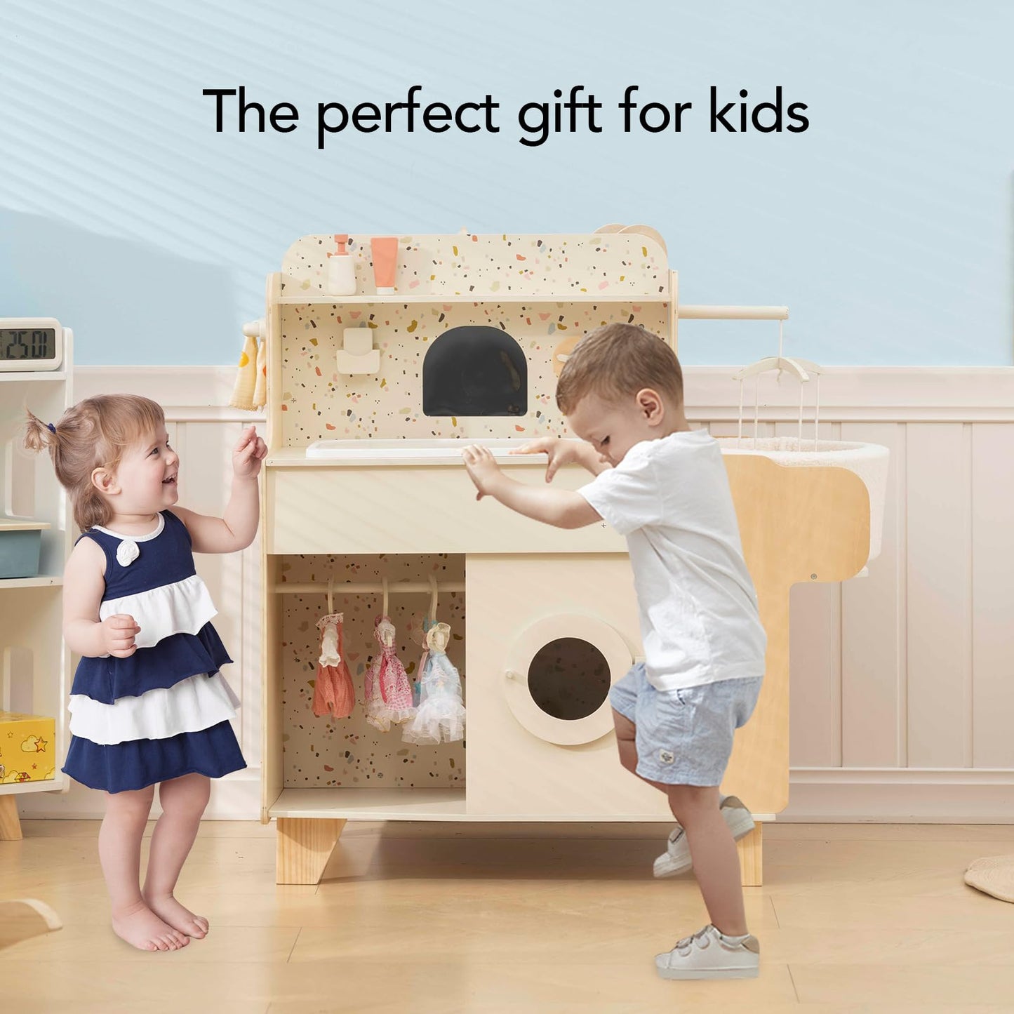 Wooden Baby Doll Crib, 4-in-1 Wooden Baby Care Playset with Cradle, Montessori Role Play Toy for Kids Ages 3-9，Kitchen Playset & Play Kitchen Toy Set, Gift for Boys & Girls