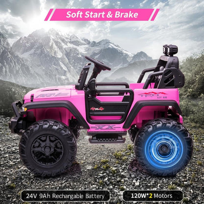 24V Kids Ride on 2 Seaters Electric Car with Remote Control, 2*120W Motors Battery Powered 20" Extra Large Seats+15.5" XL Wheels,LED Headlights, Front Storage, Bottle Holder, FM, Music for 3+ (Pink)