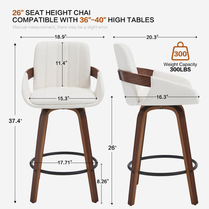 VipDesk Bar Stools Set of 2, 26" Counter Height Swivel Stools with Back, Walnut Wood Frame, PU Leather, Built-in Footrest, Modern Kitchen Island Chairs – Easy Assembly & Sturdy Design - Cream White