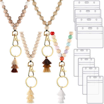 Sintuff 12 Pieces Wood Beaded Lanyard Card Holder Set, Including 4 Wooden Bead Neck Bohemian Lanyards with Tassel and 8 Clear Waterproof ID Card Holder, Nurses Employees Teacher Appreciation Gifts