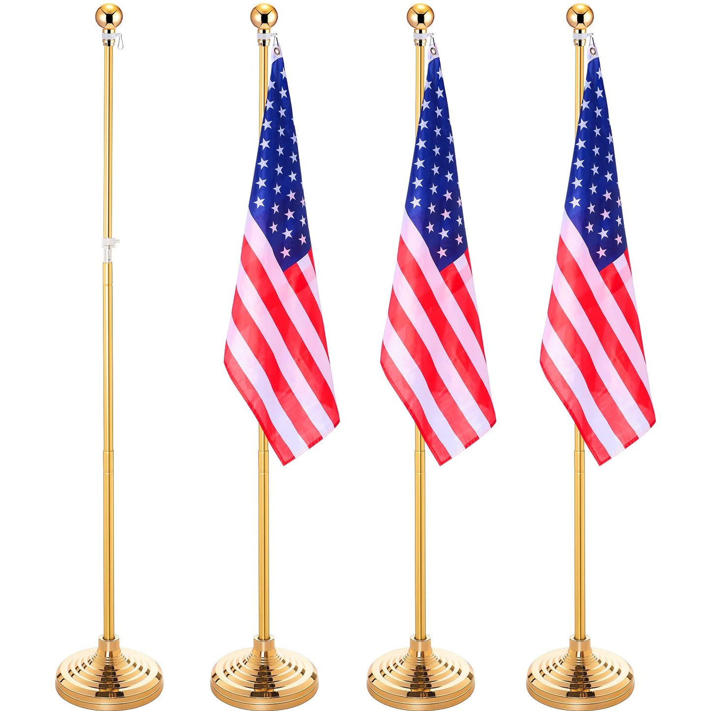 Zonon 4 Pack 7 ft Telescoping Indoor Flag Pole Kit Heavy Duty Flagpole with Ball Topper Flags Stand FlagPole Base Holder for House American Office City Hall School, Gold, Flag Not Included