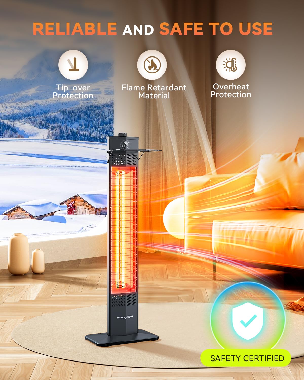 Encyclpo Patio Heater for Outdoor Use,1500W Infrared, 36 in Portable Tower Heater, 3 Levels, IPX5 Waterproof, Tip-Over&Overheat Protection for Garage, Indoor, Large Room, Backyard, Home
