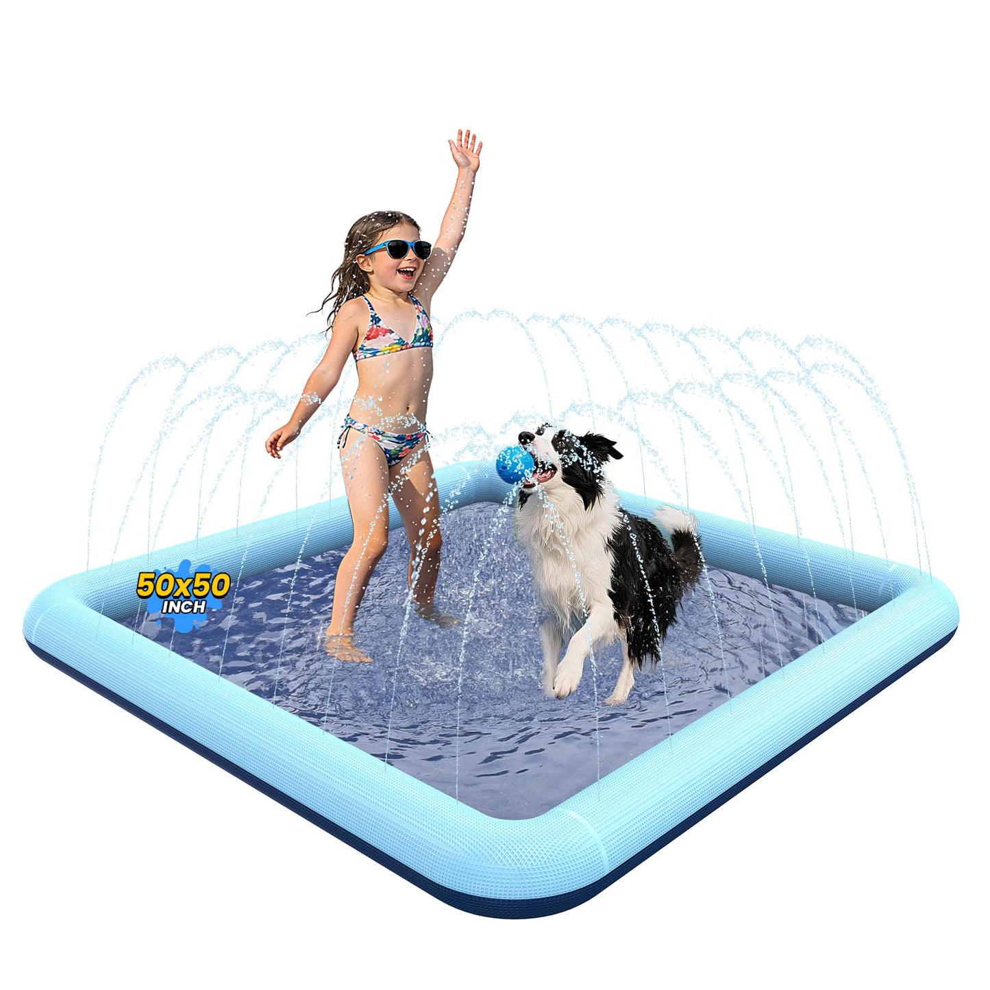 VISTOP Non-Slip Splash Pad for Kids and Dog, Thicken Sprinkler Pool Summer Outdoor Water Toys - Fun Backyard Fountain Play Mat for Baby Girls Boys Children or Pet Dog (50 * 50 inch, Blue&Blue)