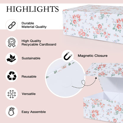 LFBOX Rose Floral Gift Box with Magnetic Lids 13.8x8.3x4.4 in, Large Bridesmaid Proposal Boxes, Rectangle Wedding Decorative Storage Box 5 Pack