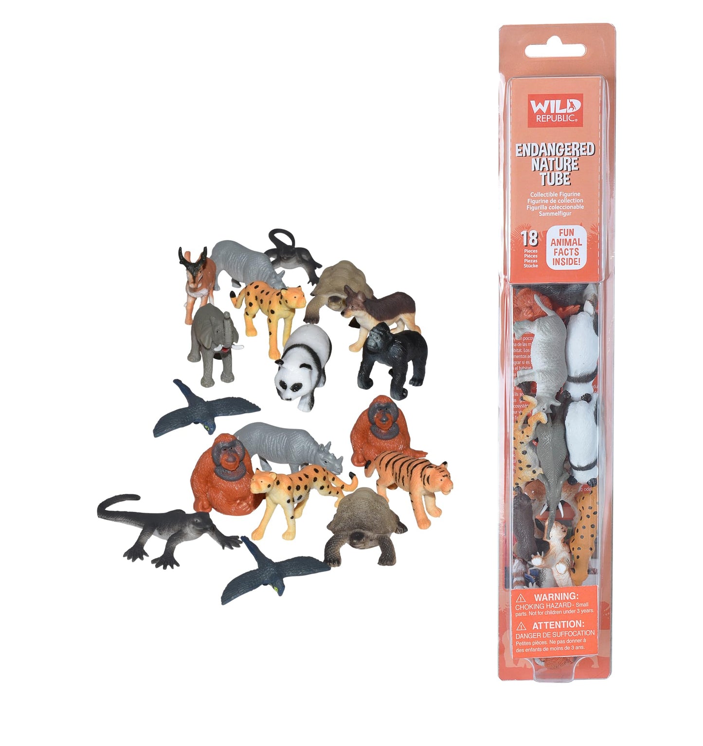 Wild Republic Endangered Animals Nature Tube, Toy Figures, Kids Gifts, Panda, Rhino, Tiger and more, 18 Piece Set