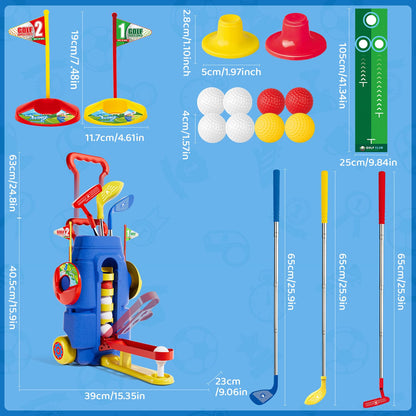 Kids Golf Clubs Set, Toddler Golf Toys With 8 Balls 3 Golf Clubs 1 Cornhole Board Putting Mat, Indoor Outdoor Sports Game, Upgraded Golf Cart And Shoulder Strap, Mini Golf Kit Gift For Boys Girls 3+