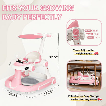 HAWEEK Baby Walker with Wheels, 7-in-1 Foldable Baby Walkers for Boys Girls 6-12 Months with Feeding Tray & Music, Lights,Rocker,Sun Canopy, Bouncing Pedal, Adjustable Wheel Speed, Push Walker (Pink)