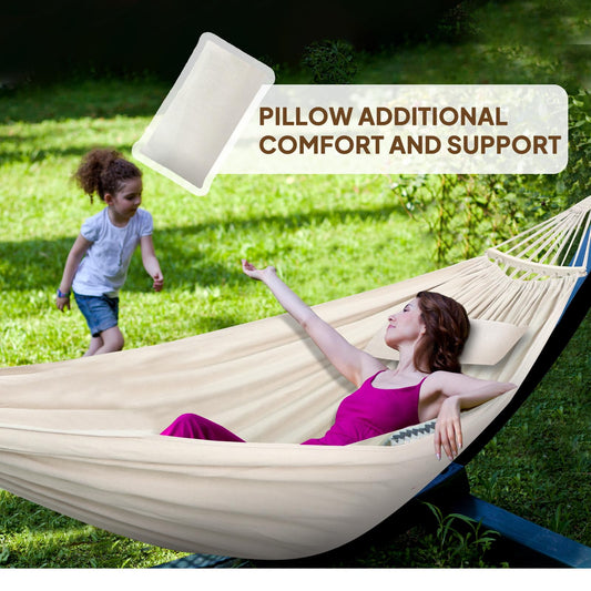 Chihee Cotton Hammock Holds Up to 660lbs Fabric Hammock 8.9x4.9ft Soft Portable Tree Hammocks Camping with Detachable Spreader Bar Pillow 2 Strong Webbings 2 Carabiners Indoor Outdoor Backyard Garden