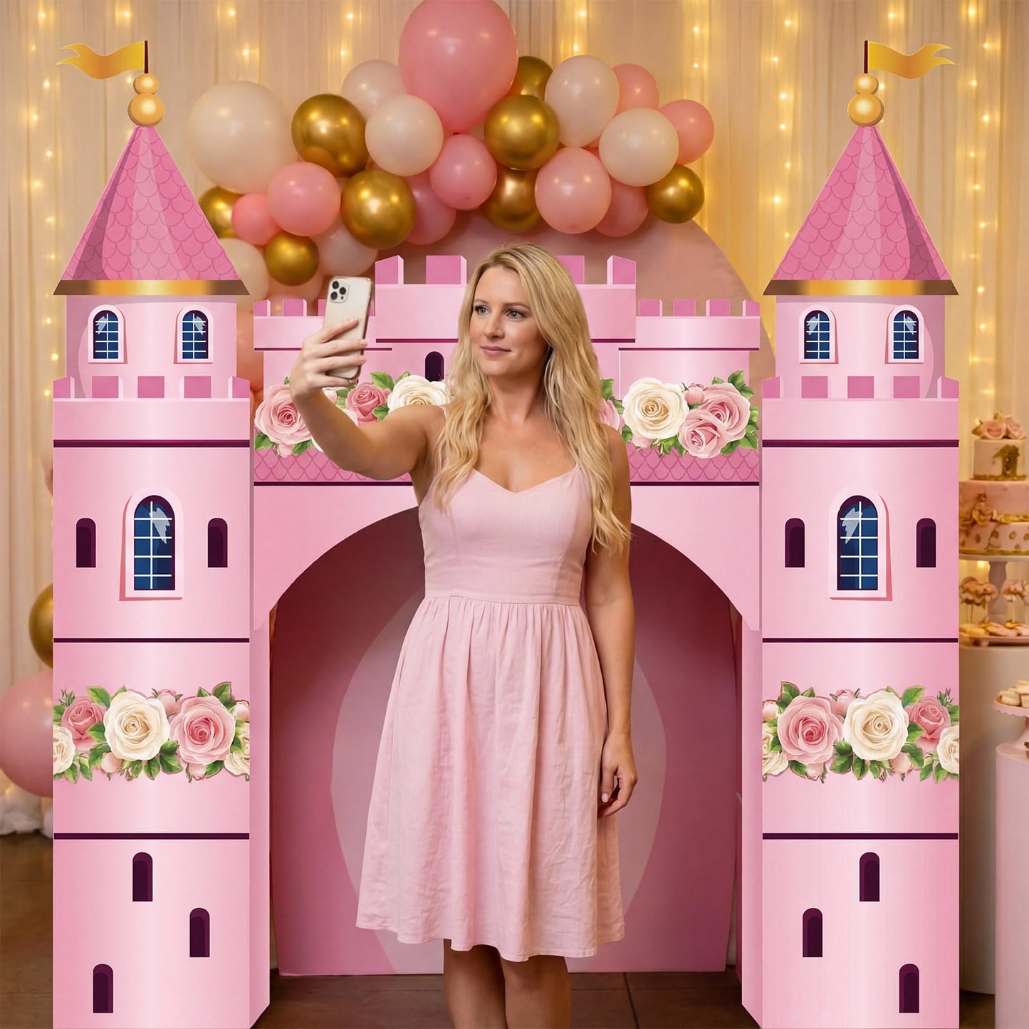 Pajean 9 Pcs Princess Party Decorations 43 x 60 Inch Pink Princess Cardboard Castle Playhouse Kit Floral Castle Fort Set Girl Birthday Centerpiece for Bridal Shower, Tea Party, Wedding Decor