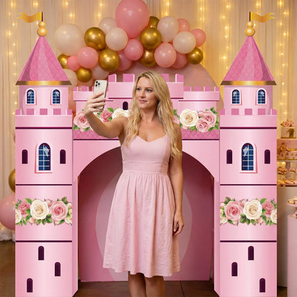 Pajean 9 Pcs Princess Party Decorations 43 x 60 Inch Pink Princess Cardboard Castle Playhouse Kit Floral Castle Fort Set Girl Birthday Centerpiece for Bridal Shower, Tea Party, Wedding Decor