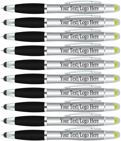 SyPen Personalized Pens with Gel Highlighter and Stylus -200 Pack Bulk-Free Imprint - 3 In Bible Highlighter No Bleed, Ballpoint Pen, and Stylus Combo- add Custom Name, Logo or Gift Message- Silver