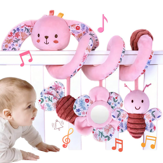 chochumy Spiral Car Seat Toy for Babies 0-6-12 Months Girl, Stroller Hanging Baby Toys 0-3-4-5-6-7-8-9-12 Month Old Newborn Infant Toddler Rabbit Gifts Travel Carseat Mirror Crinkle Bunny Accessories