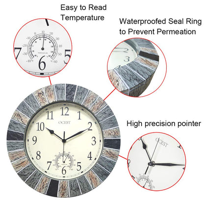 OCEST 13 Inch Large Outdoor Indoor Clock, Waterproof Wall Clock with Thermometer, Weather-Resistant Non-Ticking Battery Operated Decor for Patio, Pool, Lanai, Fence, Porch, Garden（Brown）